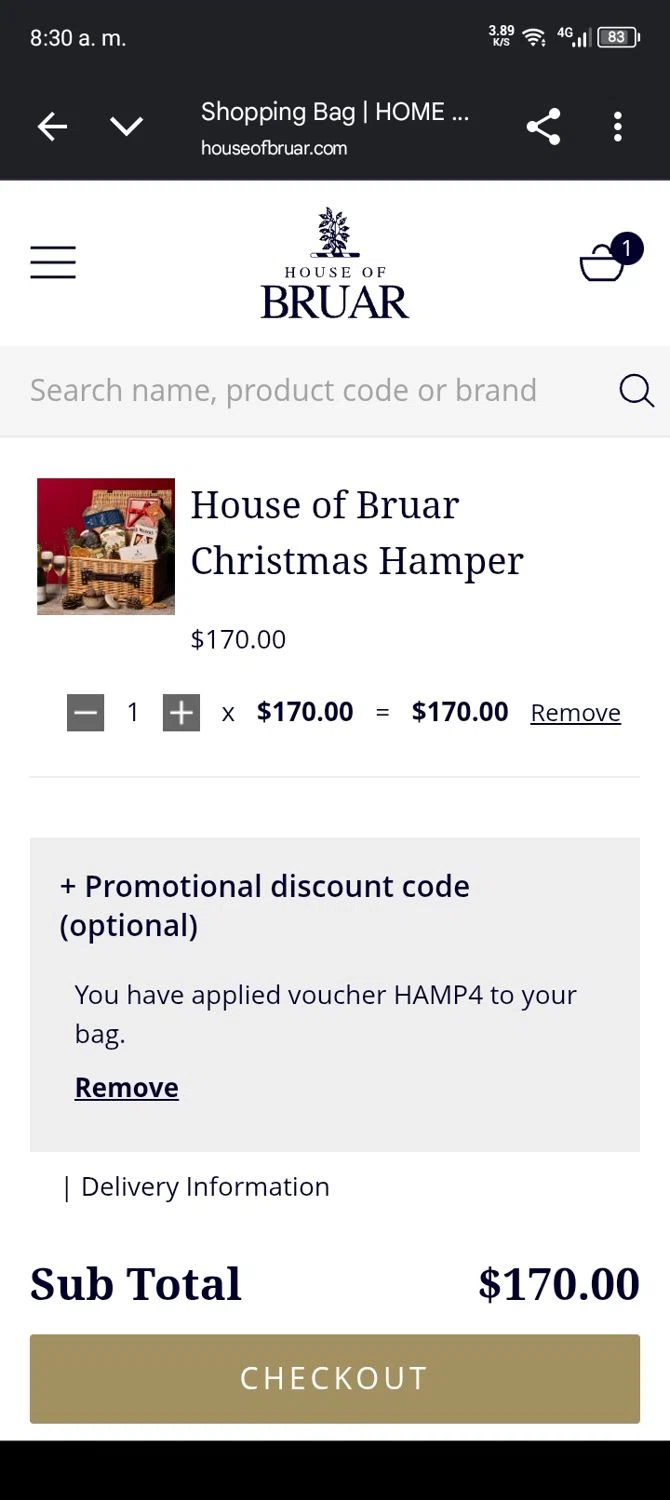 The House of Bruar discount code screenshot showing code HAMP4 applied at The House of Bruar checkout page. Uploaded by SimplyCodes community member juanvargas1 on Nov 1, 2025