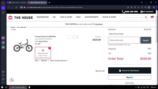 The-House.com checkout page showing The-House.com discount code box | Screenshot taken by SimplyCodes community member on Aug 30, 2023