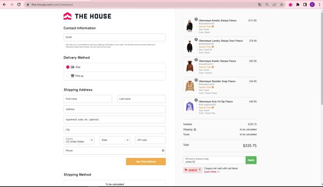 The-House.com checkout page showing The-House.com discount code box | Screenshot taken by SimplyCodes community member on Apr 30, 2023