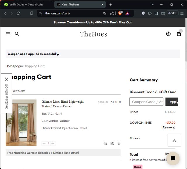 The Hues checkout page showing The Hues promo code box | Screenshot taken by SimplyCodes community member on Aug 19, 2024
