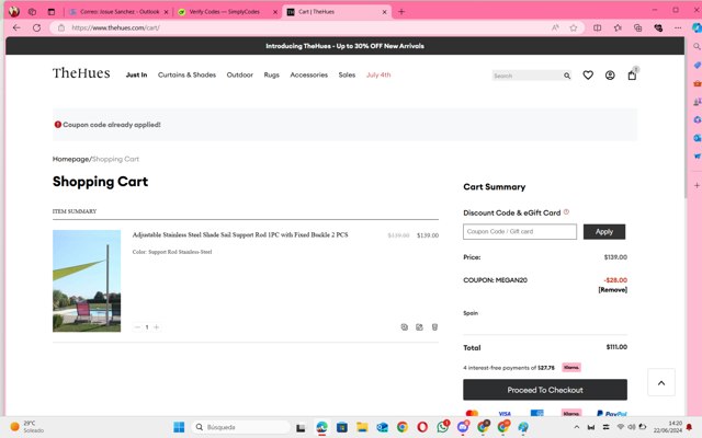The Hues checkout page showing The Hues promo code box | Screenshot taken by SimplyCodes community member on Jun 22, 2024