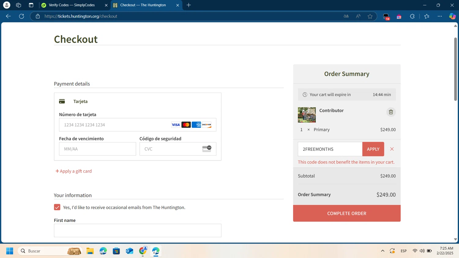 The Huntington checkout page showing The Huntington promo code box | Screenshot taken by SimplyCodes community member on Feb 22, 2025