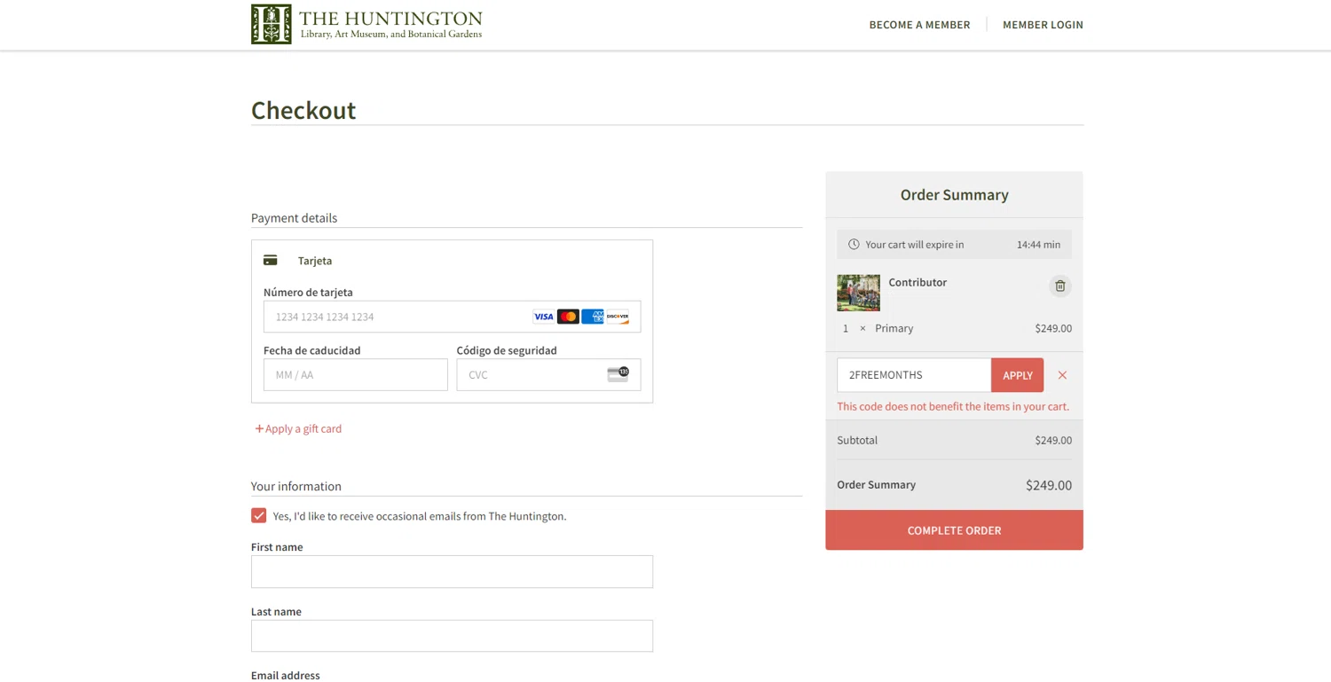 The Huntington checkout page showing The Huntington promo code box | Screenshot taken by SimplyCodes community member on Jan 29, 2025
