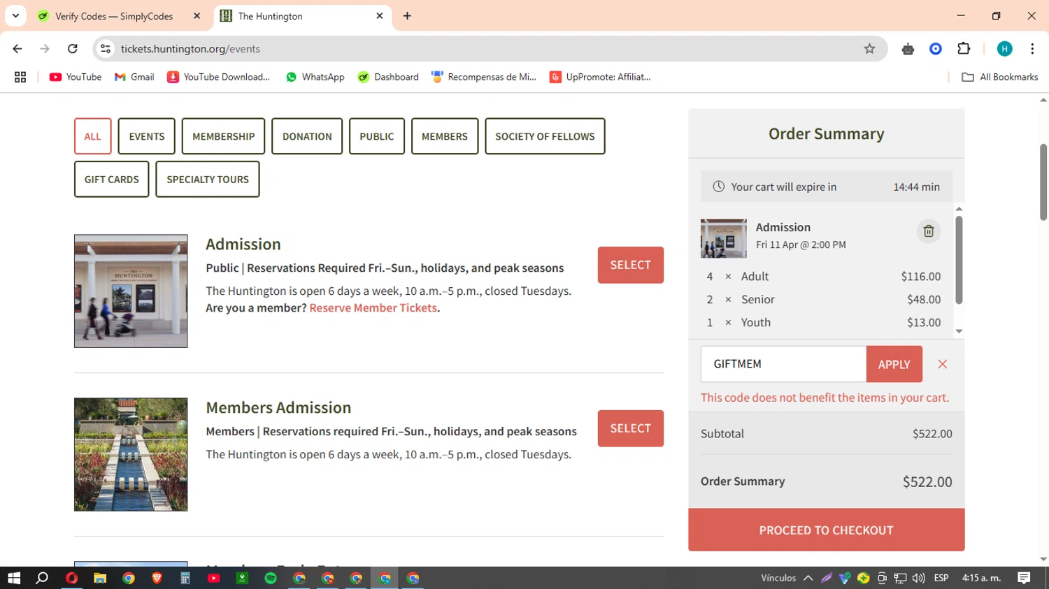 The Huntington checkout page showing The Huntington promo code box | Screenshot taken by SimplyCodes community member on Apr 5, 2025