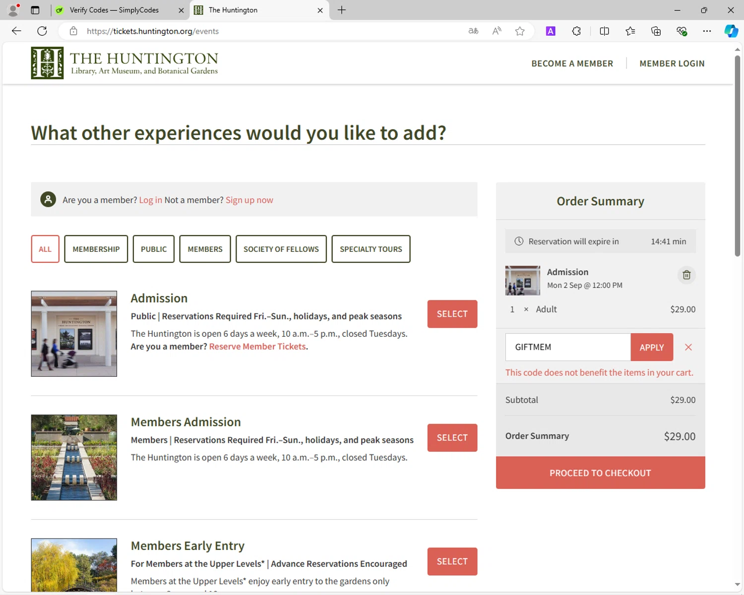The Huntington checkout page showing The Huntington promo code box | Screenshot taken by SimplyCodes community member on Aug 31, 2024