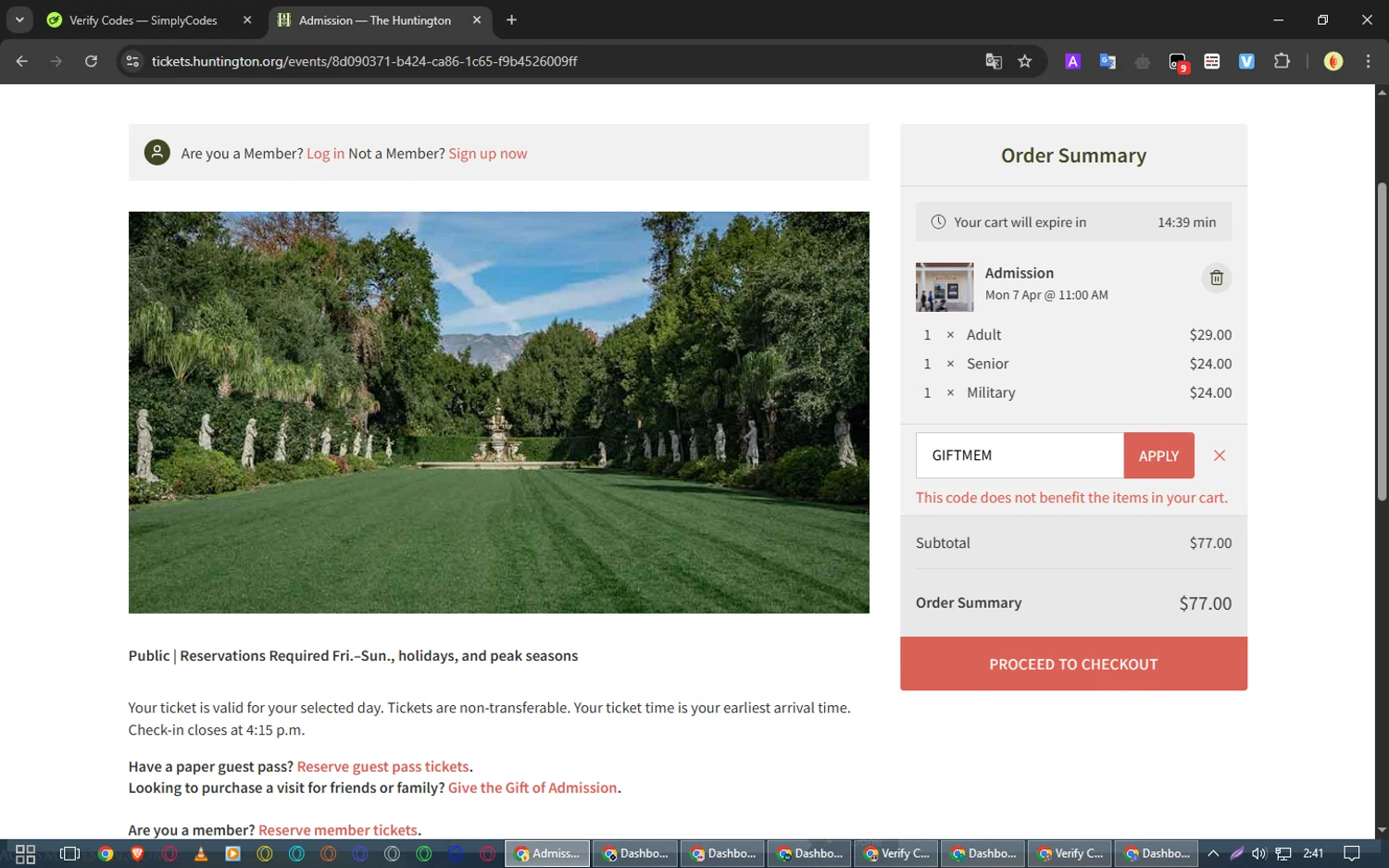The Huntington checkout page showing The Huntington promo code box | Screenshot taken by SimplyCodes community member on Apr 5, 2025