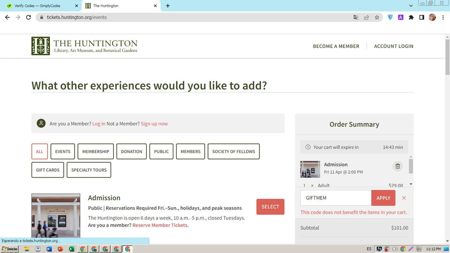 The Huntington checkout page showing The Huntington promo code box | Screenshot taken by SimplyCodes community member on Apr 5, 2025