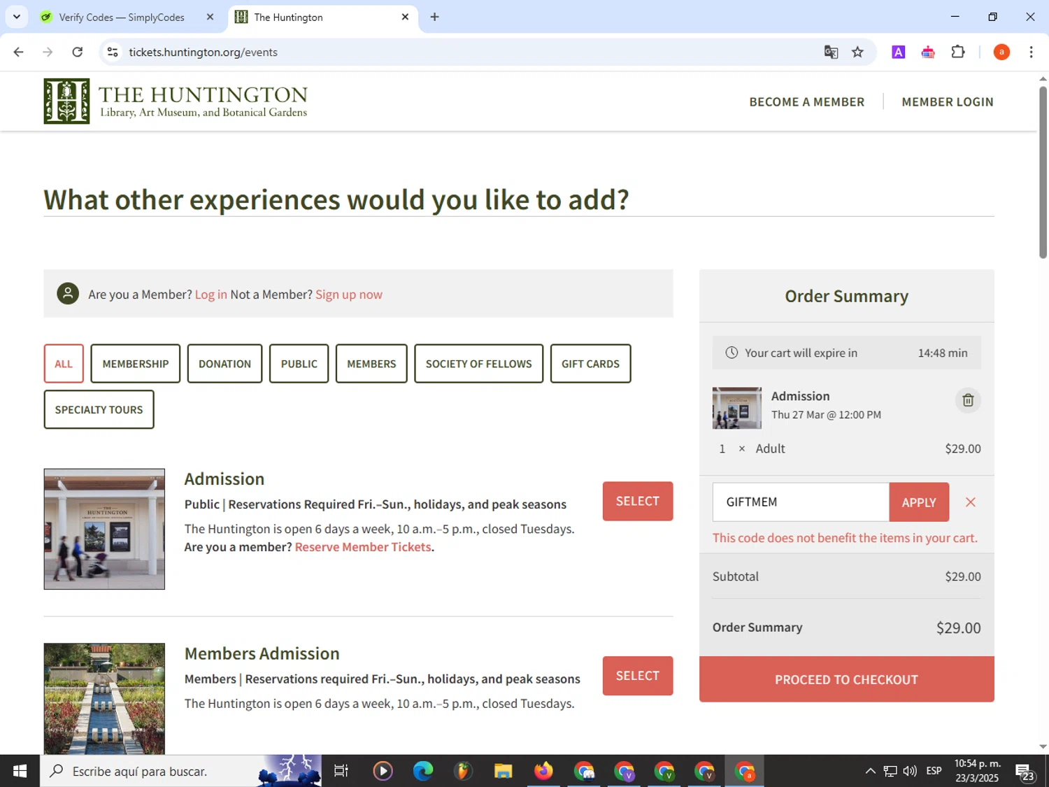 The Huntington checkout page showing The Huntington promo code box | Screenshot taken by SimplyCodes community member on Mar 24, 2025