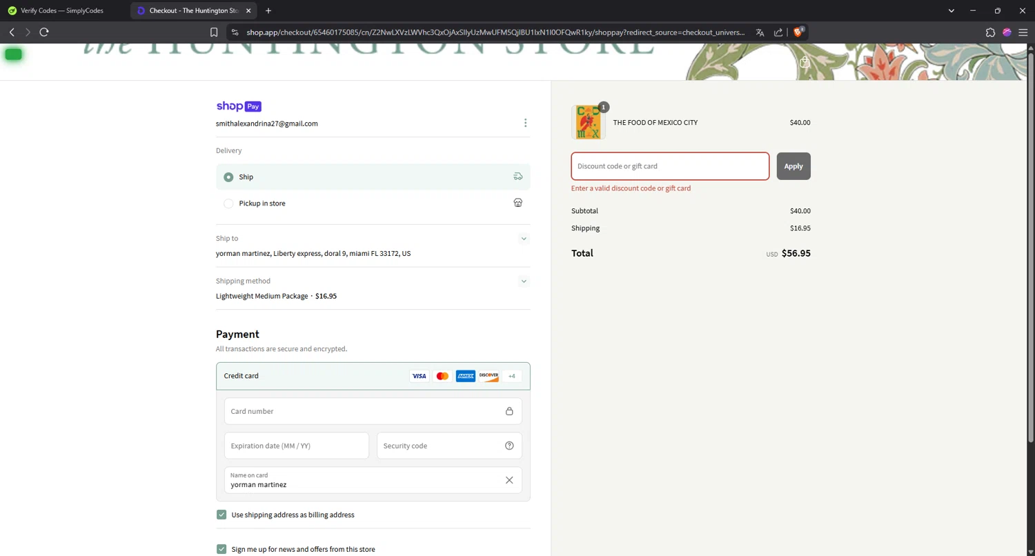The Huntington promo code screenshot showing code GIFTMEM applied at The Huntington checkout page. Uploaded by SimplyCodes community member HUMANIZER on Apr 5, 2025