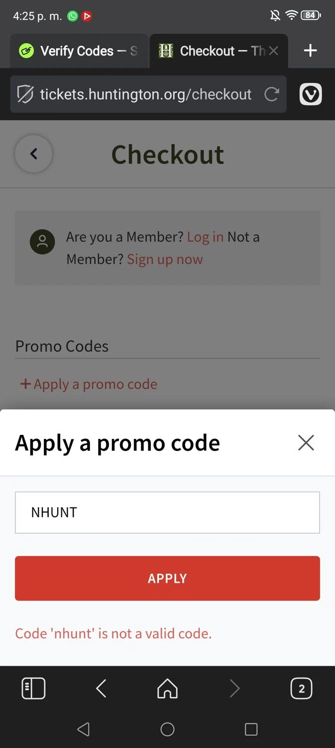 The Huntington promo code screenshot showing code NHUNT applied at The Huntington checkout page. Uploaded by SimplyCodes community member ShieldSentinel6840 on Mar 22, 2025
