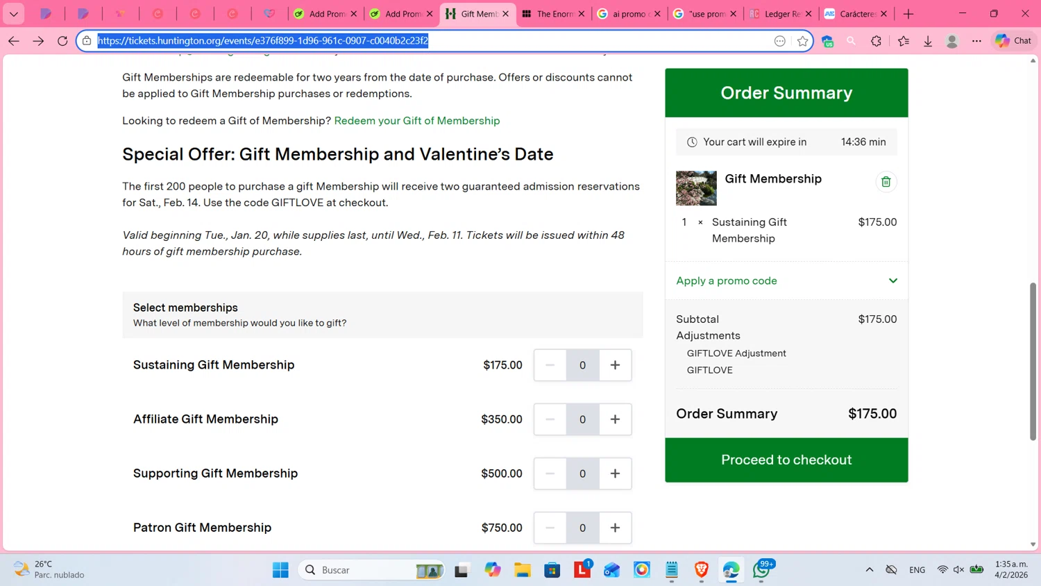 The Huntington promo code screenshot showing code GIFTLOVE applied at The Huntington checkout page. Uploaded by SimplyCodes community member cosita on Feb 4, 2026