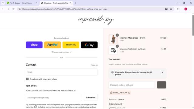 The Impeccable Pig checkout page showing The Impeccable Pig promo code box | Screenshot taken by SimplyCodes community member on Sep 14, 2025
