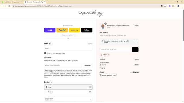 The Impeccable Pig checkout page showing The Impeccable Pig promo code box | Screenshot taken by SimplyCodes community member on Sep 10, 2025