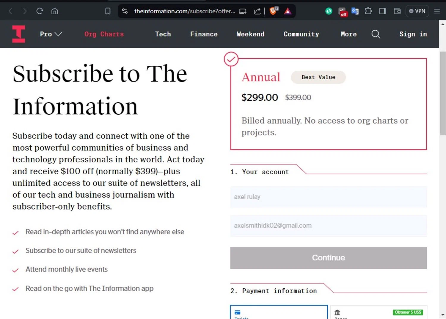 The Information checkout page showing The Information promo code box | Screenshot taken by SimplyCodes community member on Jul 24, 2024