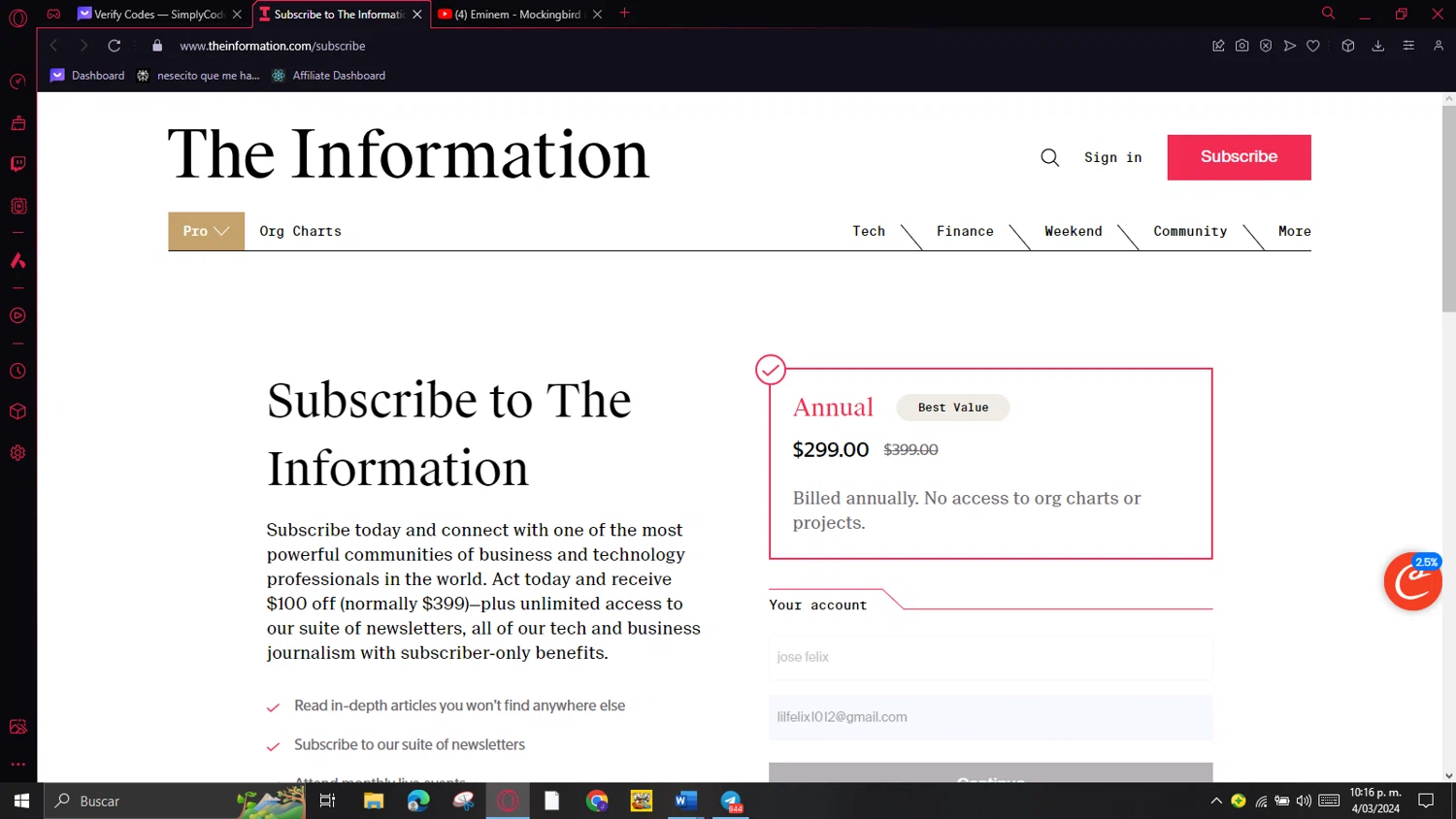 The Information checkout page showing The Information promo code box | Screenshot taken by SimplyCodes community member on Mar 5, 2024