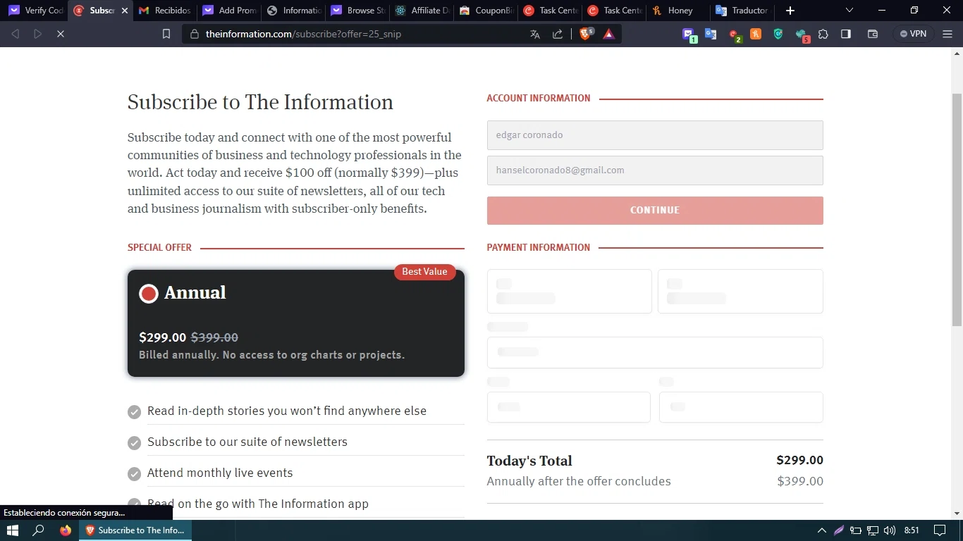 The Information checkout page showing The Information promo code box | Screenshot taken by SimplyCodes community member on Aug 25, 2023