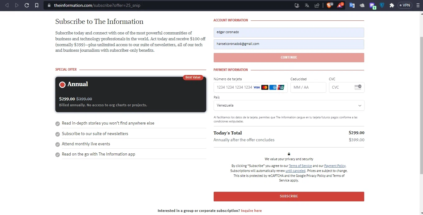 The Information checkout page showing The Information promo code box | Screenshot taken by SimplyCodes community member on Jun 13, 2023