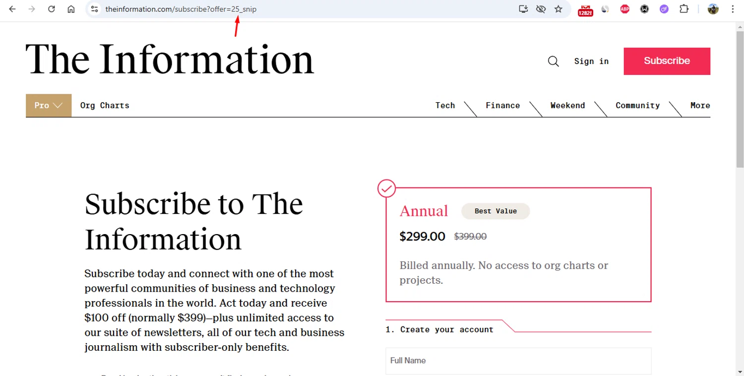 The Information promo code screenshot showing code 25_snip applied at The Information checkout page. Uploaded by SimplyCodes community member gonzalodamole on Jan 31, 2025