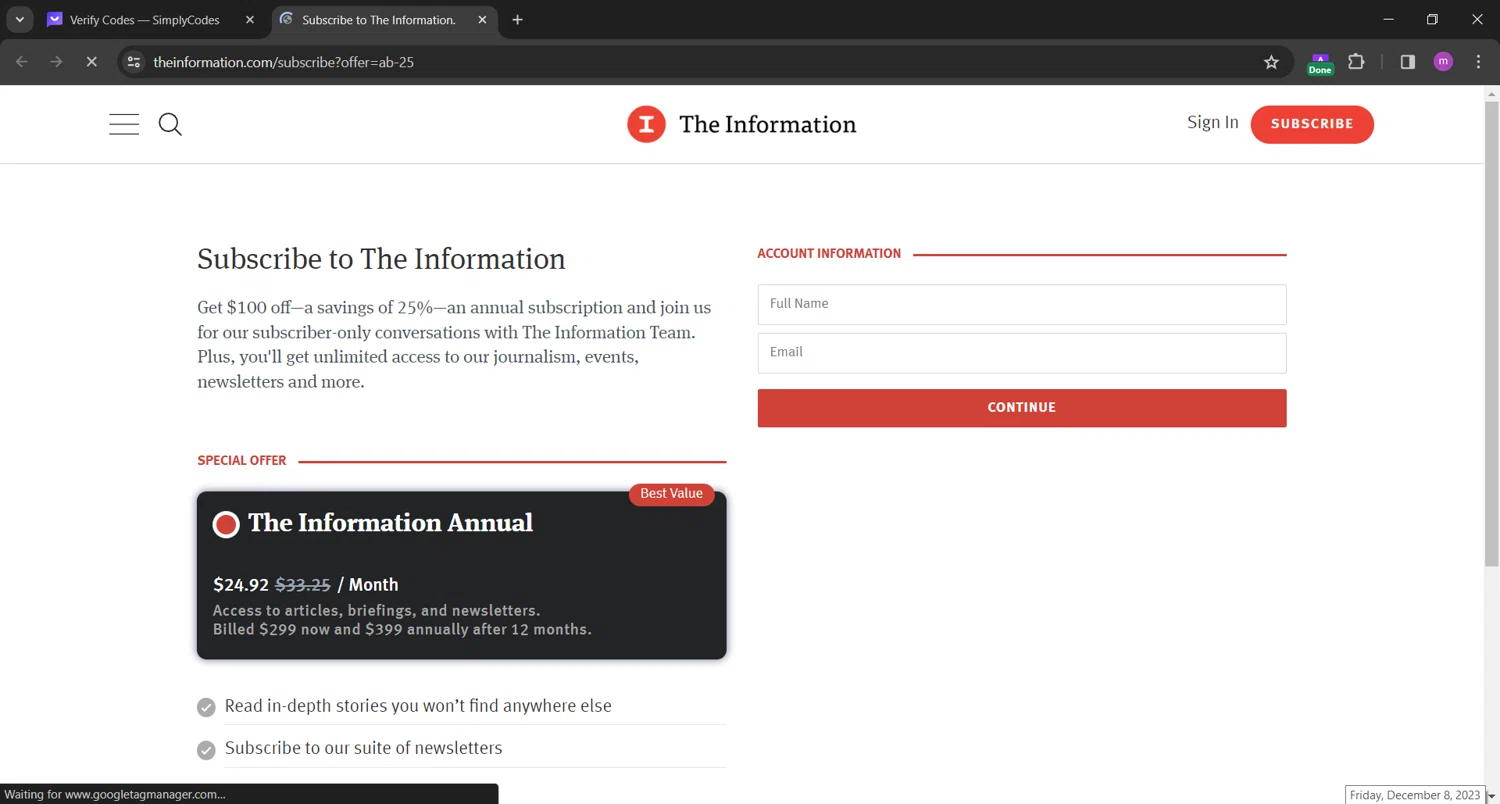 The Information checkout page showing The Information promo code box | Screenshot taken by SimplyCodes community member on Dec 8, 2023