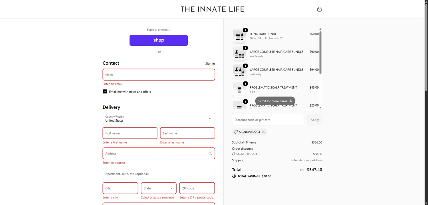 The Innate Life discount code screenshot showing code SIGNUP052224 applied at The Innate Life checkout page. Uploaded by SimplyCodes community member TokenNavigator3088 on Nov 19, 2025