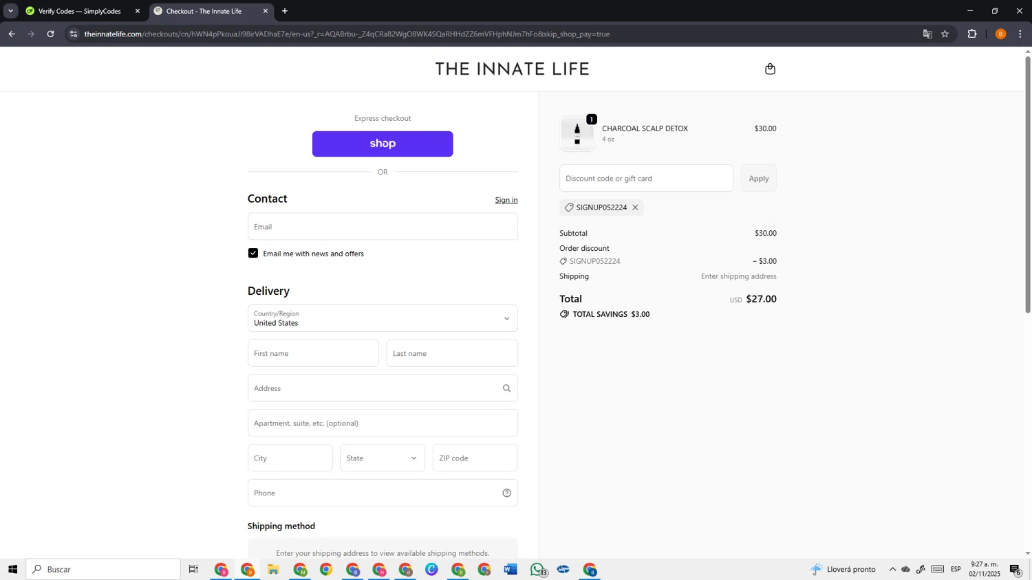 The Innate Life discount code screenshot showing code SIGNUP052224 applied at The Innate Life checkout page. Uploaded by SimplyCodes community member VoucherSage2253 on Nov 2, 2025