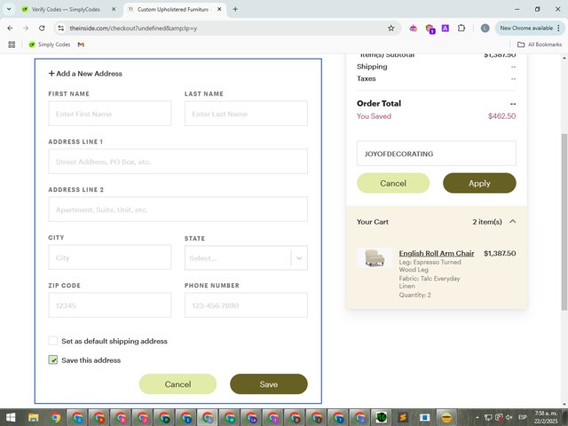 The Inside checkout page showing The Inside promo code box | Screenshot taken by SimplyCodes community member on Feb 22, 2025