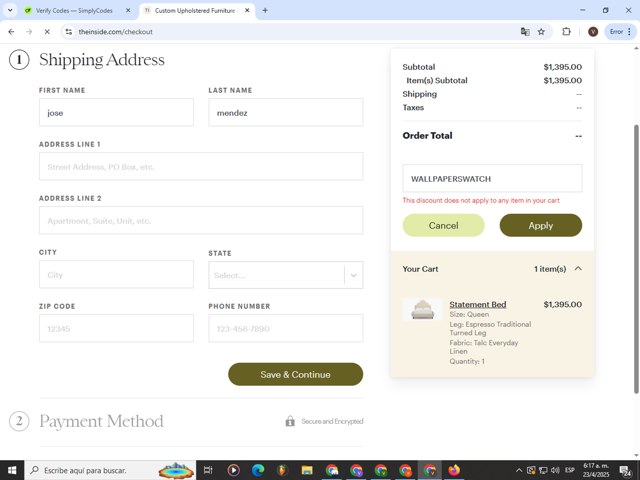 The Inside checkout page showing The Inside promo code box | Screenshot taken by SimplyCodes community member on Apr 23, 2025