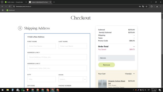 The Inside checkout page showing The Inside promo code box | Screenshot taken by SimplyCodes community member on Feb 8, 2025