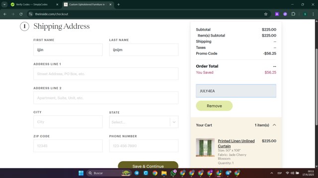 The Inside checkout page showing The Inside promo code box | Screenshot taken by SimplyCodes community member on Jun 17, 2025