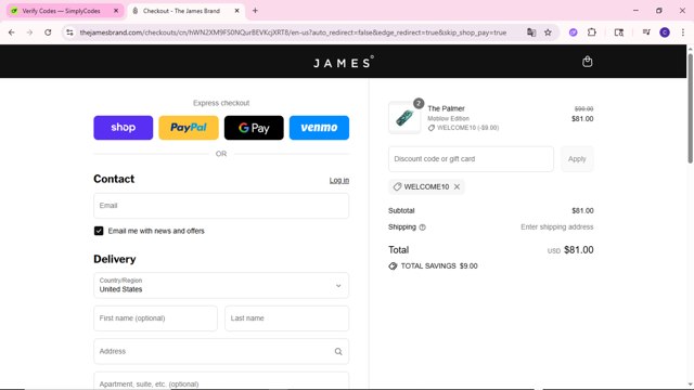 The James Brand checkout page showing The James Brand discount code box | Screenshot taken by SimplyCodes community member on Sep 3, 2025