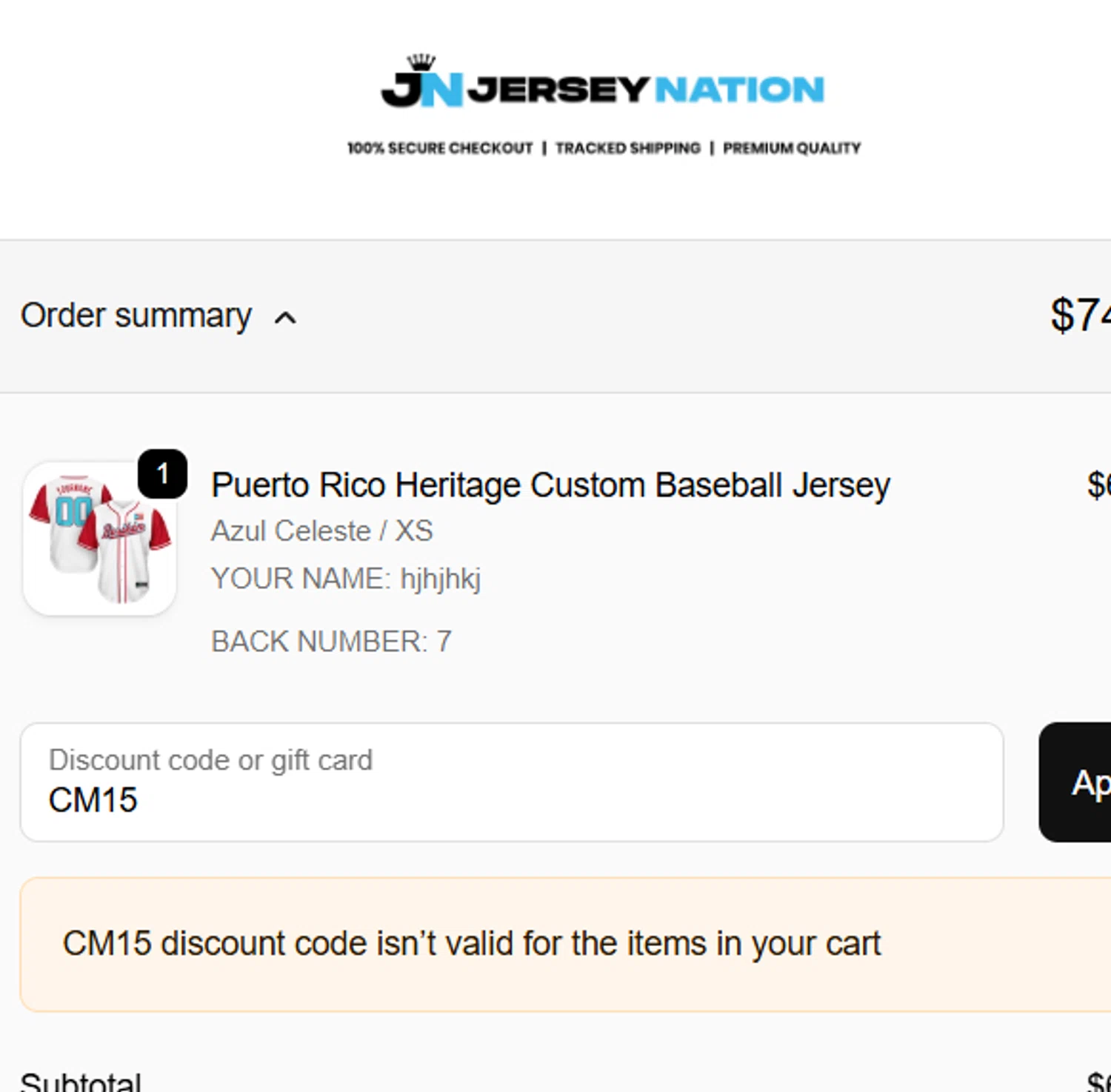 The Jersey Nation discount code screenshot showing code CM15 applied at The Jersey Nation checkout page. Uploaded by SimplyCodes community member Weknd557 on Nov 23, 2025