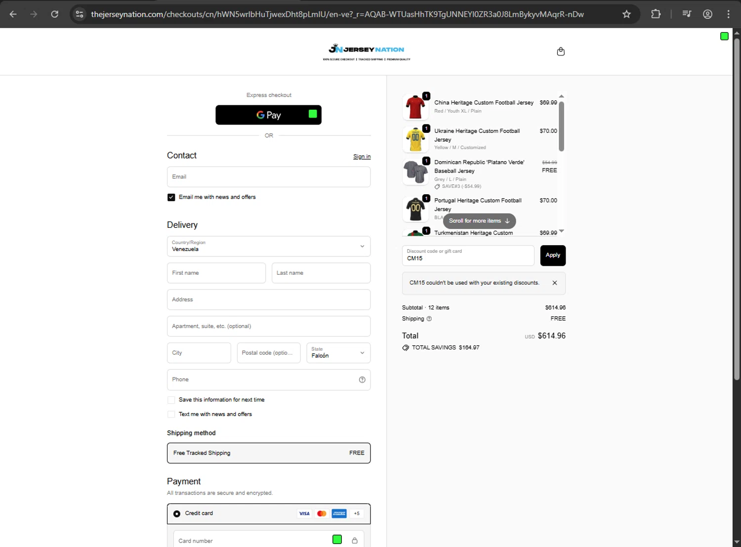The Jersey Nation discount code screenshot showing code CM15 applied at The Jersey Nation checkout page. Uploaded by SimplyCodes community member luffyreturn on Dec 2, 2025