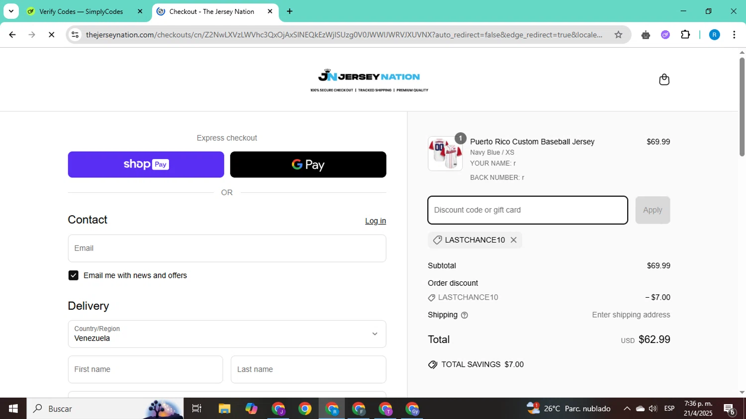 The Jersey Nation discount code screenshot showing code LASTCHANCE10 applied at The Jersey Nation checkout page. Uploaded by SimplyCodes community member CodeShopper8605 on Apr 21, 2025