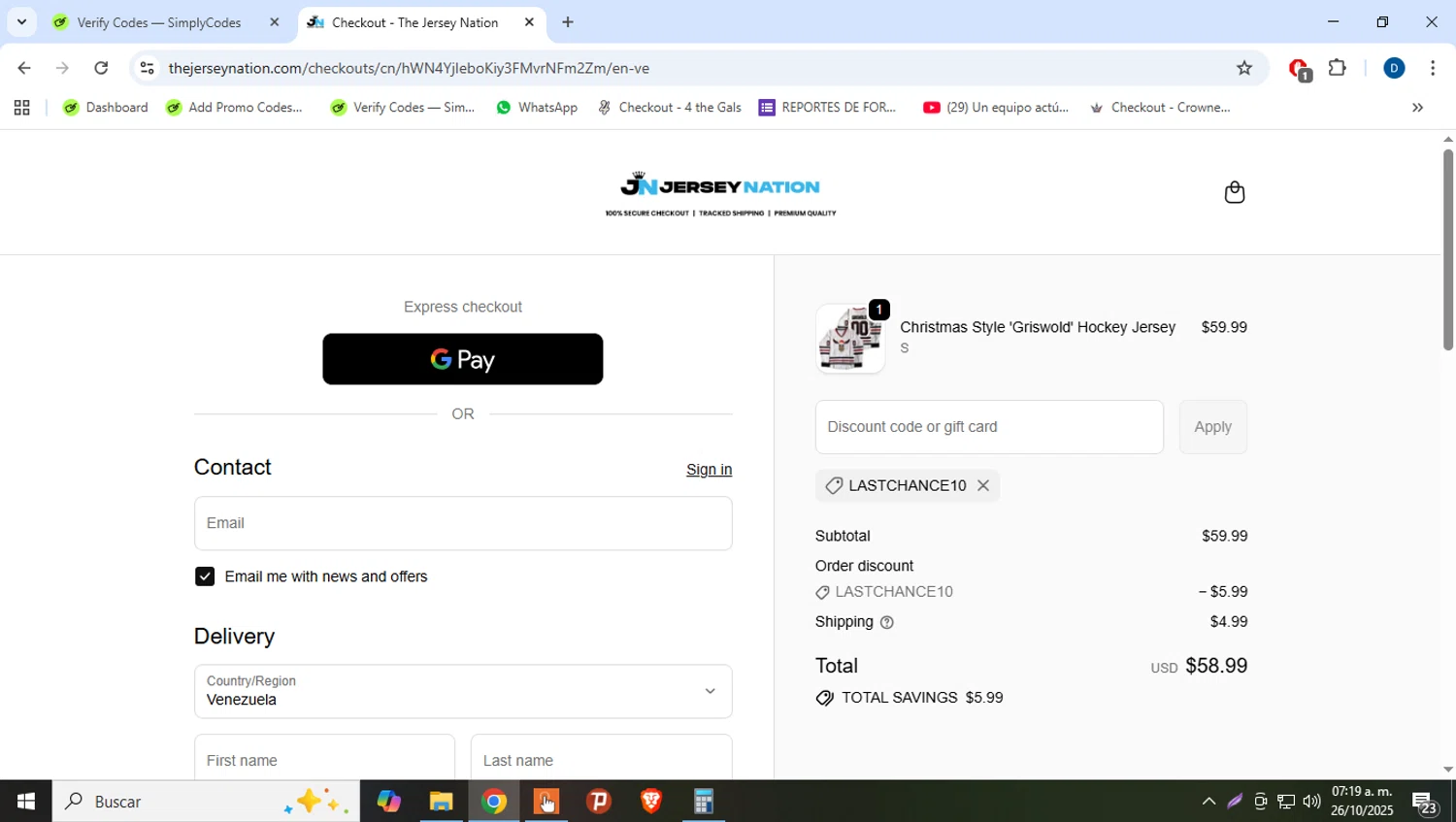 The Jersey Nation discount code screenshot showing code LASTCHANCE10 applied at The Jersey Nation checkout page. Uploaded by SimplyCodes community member danielgarcia1 on Oct 26, 2025