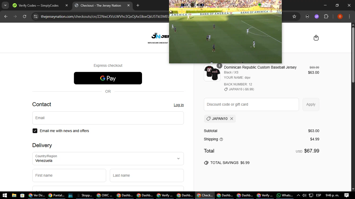 The Jersey Nation discount code screenshot showing code JAPAN10 applied at The Jersey Nation checkout page. Uploaded by SimplyCodes community member CleverSpotter3730 on Jun 18, 2025