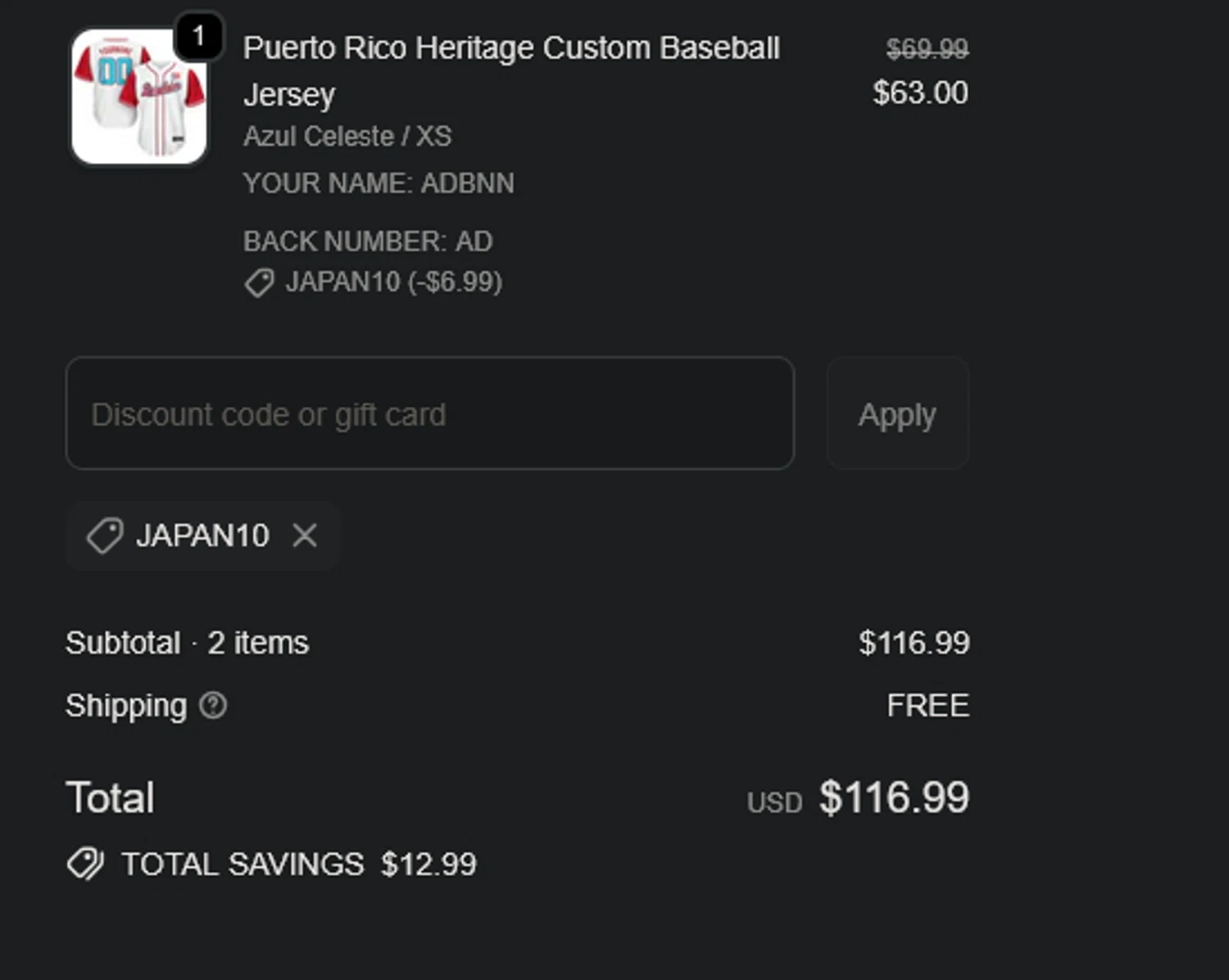 The Jersey Nation discount code screenshot showing code JAPAN10 applied at The Jersey Nation checkout page. Uploaded by SimplyCodes community member xocelot44x on Nov 13, 2025