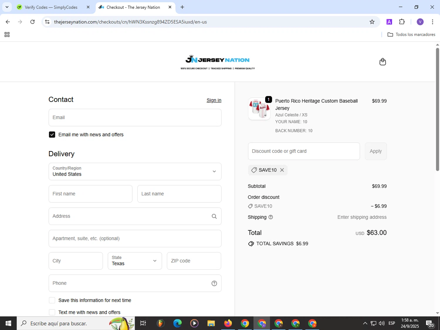 The Jersey Nation discount code screenshot showing code SAVE10 applied at The Jersey Nation checkout page. Uploaded by SimplyCodes community member Satoru_gojo on Sep 24, 2025