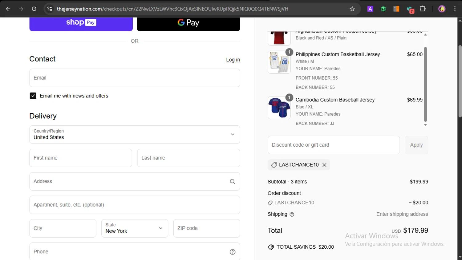 The Jersey Nation discount code screenshot showing code LASTCHANCE10 applied at The Jersey Nation checkout page. Uploaded by SimplyCodes community member PrincessCoupon on Apr 21, 2025