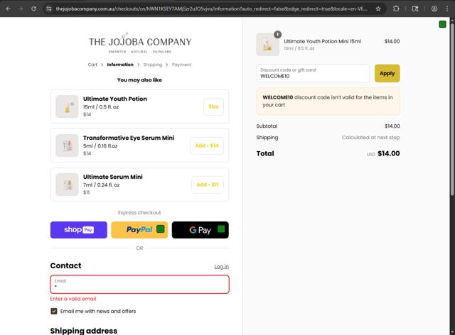 The Jojoba Company checkout page showing The Jojoba Company discount code box | Screenshot taken by SimplyCodes community member on Aug 2, 2025