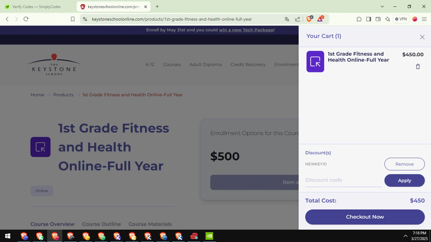 The Keystone School discount code screenshot showing code NEWKEY10 applied at The Keystone School checkout page. Uploaded by SimplyCodes community member ValueFox5508 on Mar 27, 2025