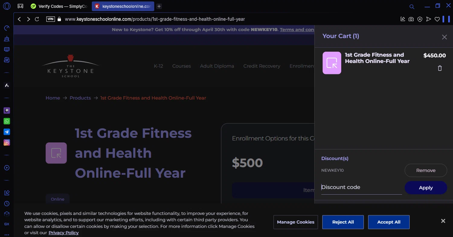 The Keystone School discount code screenshot showing code NEWKEY10 applied at The Keystone School checkout page. Uploaded by SimplyCodes community member chepipi on Mar 28, 2025