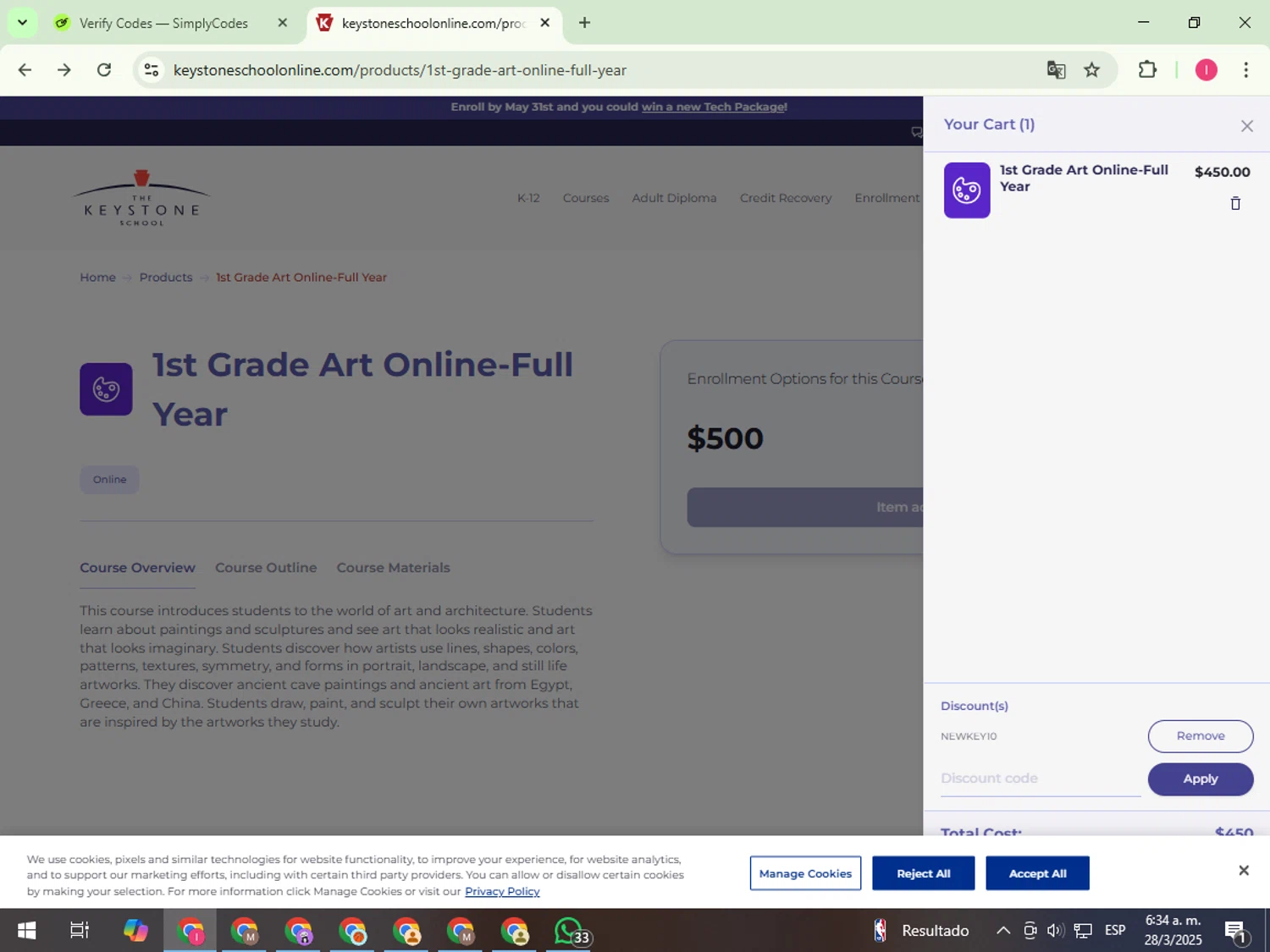 The Keystone School discount code screenshot showing code NEWKEY10 applied at The Keystone School checkout page. Uploaded by SimplyCodes community member FortunateExpert1626 on Mar 28, 2025