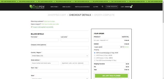The Kind Pen checkout page showing The Kind Pen coupon code box | Screenshot taken by SimplyCodes community member on Jul 20, 2025