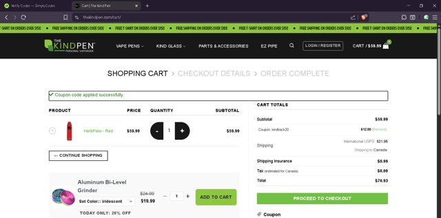 The Kind Pen checkout page showing The Kind Pen coupon code box | Screenshot taken by SimplyCodes community member on Aug 22, 2025