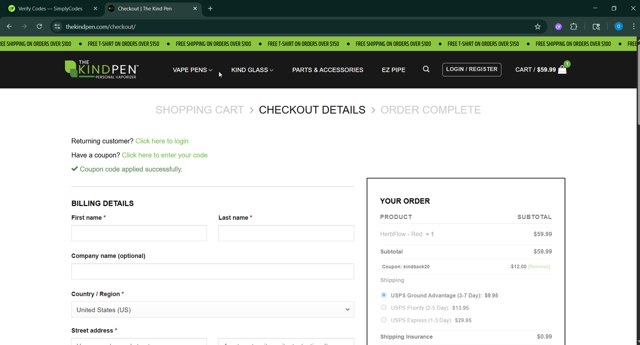 The Kind Pen checkout page showing The Kind Pen coupon code box | Screenshot taken by SimplyCodes community member on Jul 24, 2025