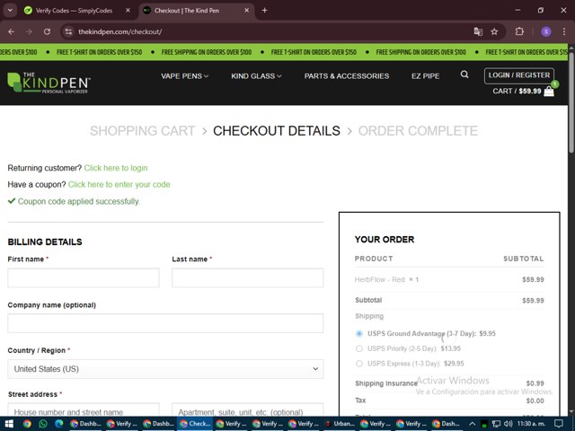 The Kind Pen checkout page showing The Kind Pen coupon code box | Screenshot taken by SimplyCodes community member on Jul 24, 2025