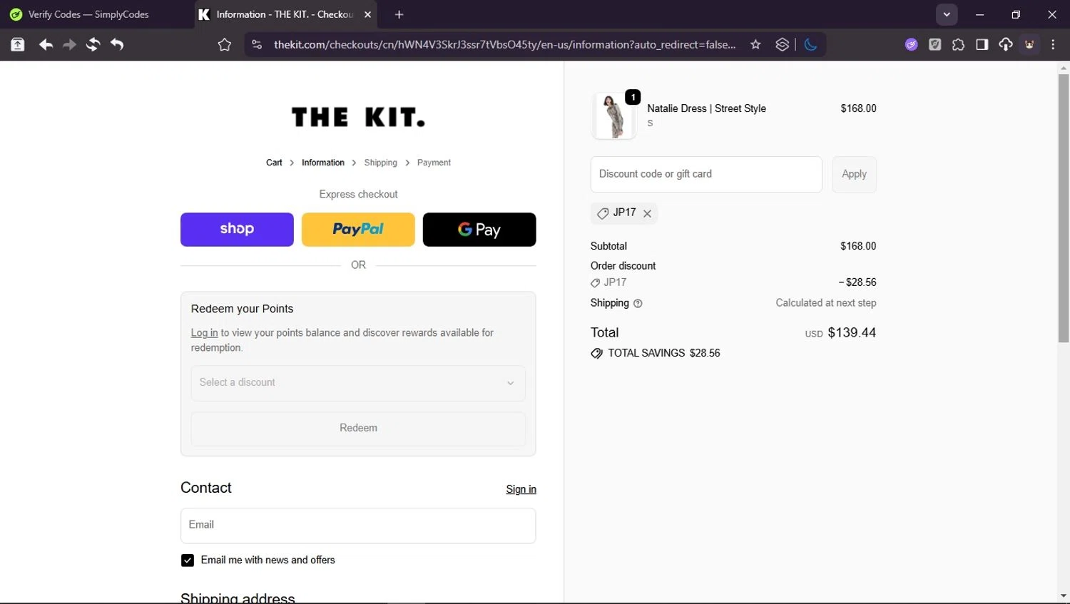 The Kit discount code screenshot showing code JP17 applied at The Kit checkout page. Uploaded by SimplyCodes community member Userr2 on Oct 24, 2025