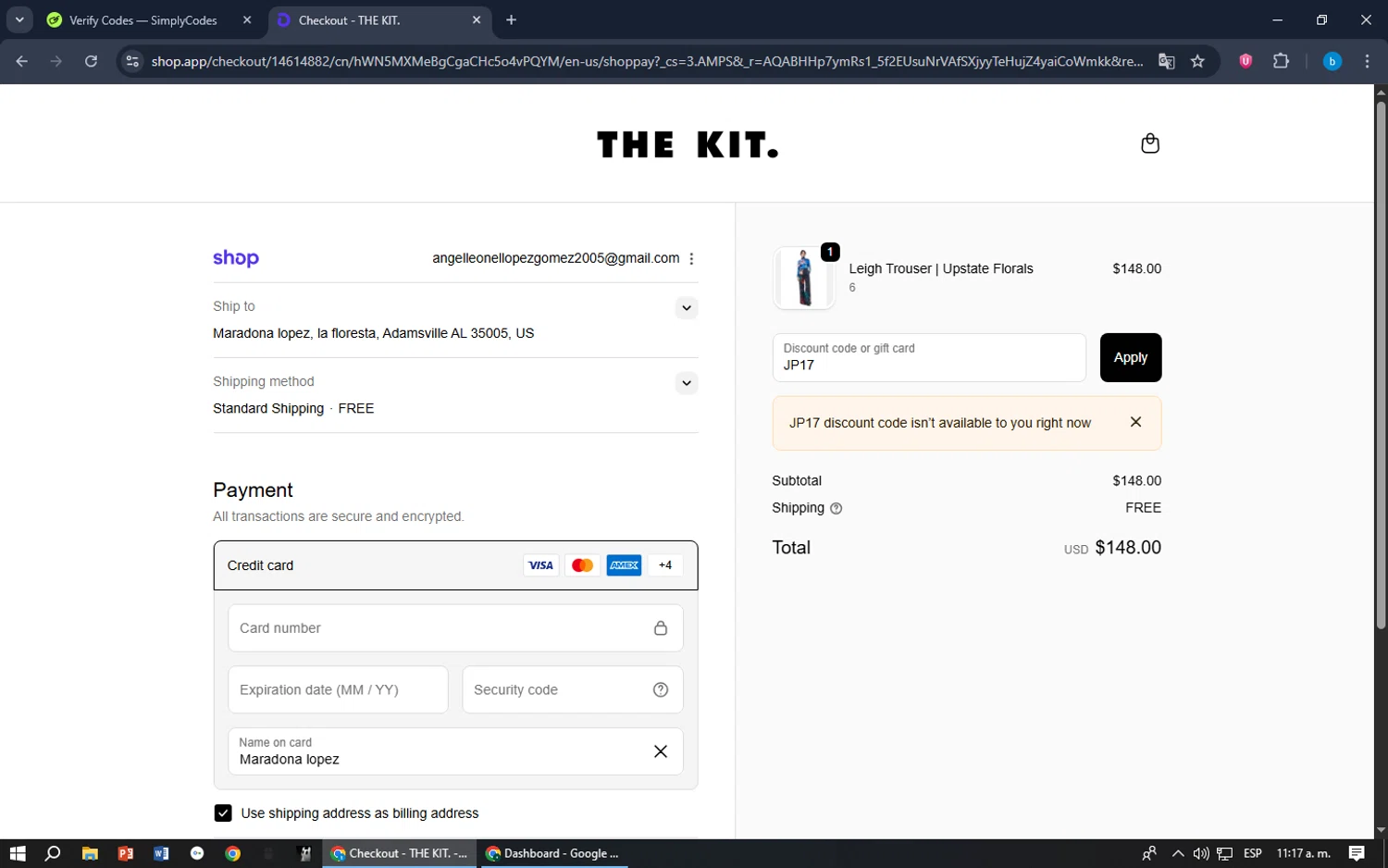 The Kit discount code screenshot showing code JP17 applied at The Kit checkout page. Uploaded by SimplyCodes community member bilijr on Nov 16, 2025