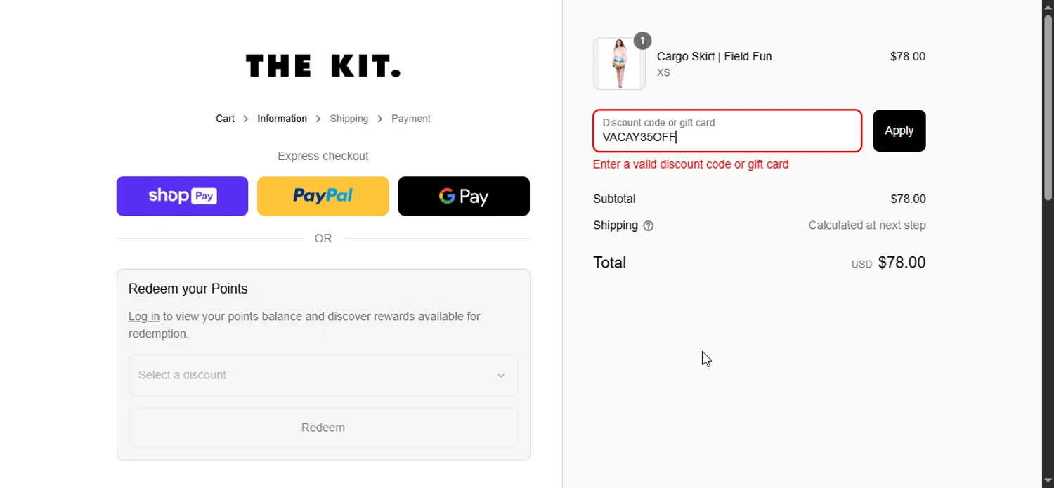 The Kit discount code screenshot showing code VACAY35OFF applied at The Kit checkout page. Uploaded by SimplyCodes community member LuckyPioneer1027 on Aug 6, 2025