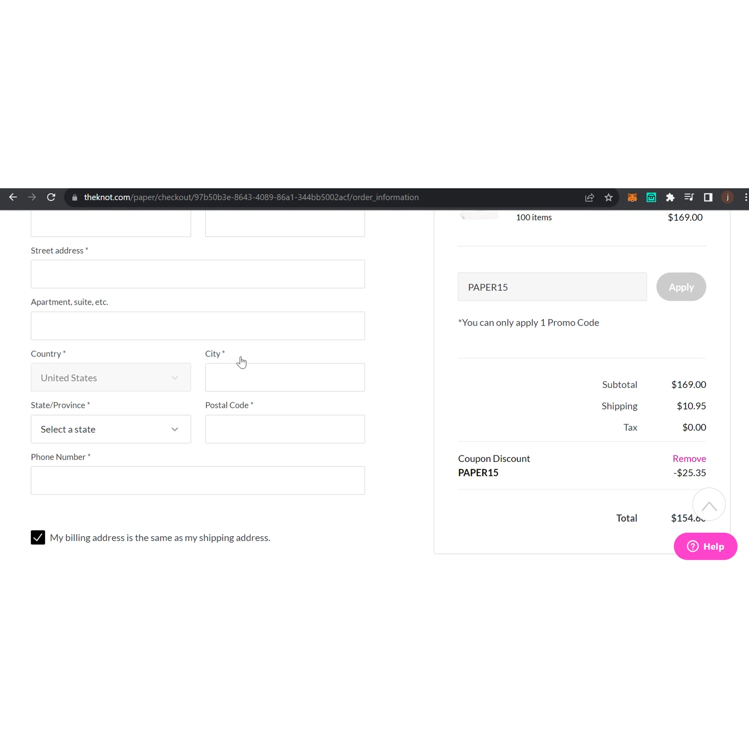 where to use The Knot promo code box